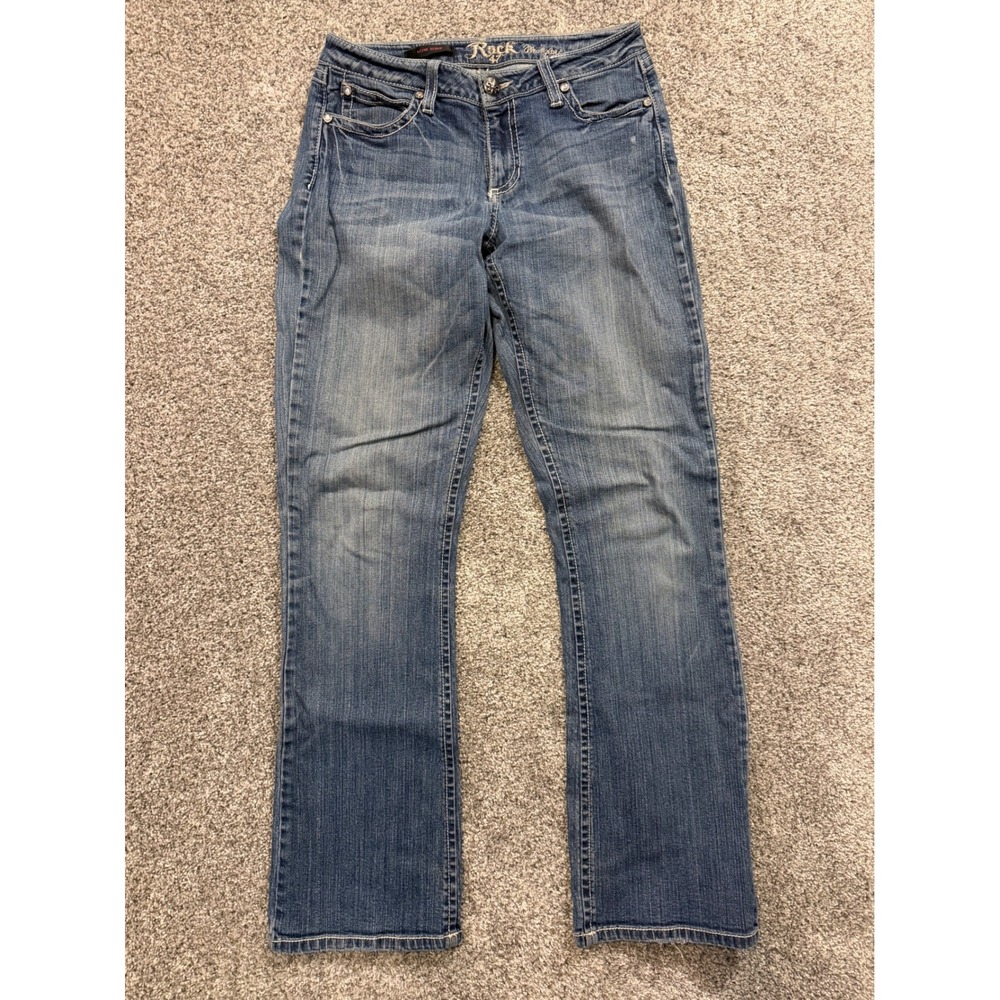 Rock‎ 47 Wrangler Jeans Womens 7/8x34 Blue Low Rise Bootcut Embellished Pocket *